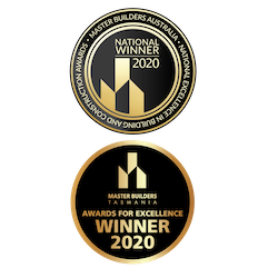 Two gold and black badges with the text: “National Winner 2020, Master Builders Australia” and “Awards for Excellence Winner 2020, Master Builders Tasmania”.
