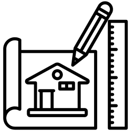 A line drawing of a house blueprint with a ruler on the right and a pencil pointing at the design.