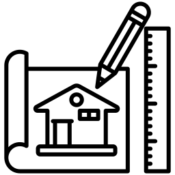 A line drawing of a house blueprint with a ruler on the right and a pencil pointing at the design.