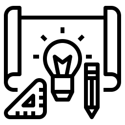 An icon depicting a rolled blueprint alongside a light bulb, triangular ruler, and pencil.