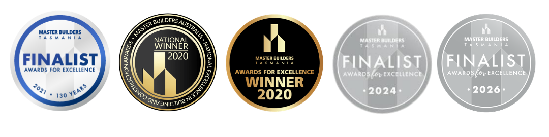 Five circular badges: three in color labeled 2021 Winner, 2021 Winner, and 2020 Finalist; two greyed badges labeled 2024 Finalist and 2024 Finalist. Text “Master Builders Tasmania Awards for Excellence” visible.